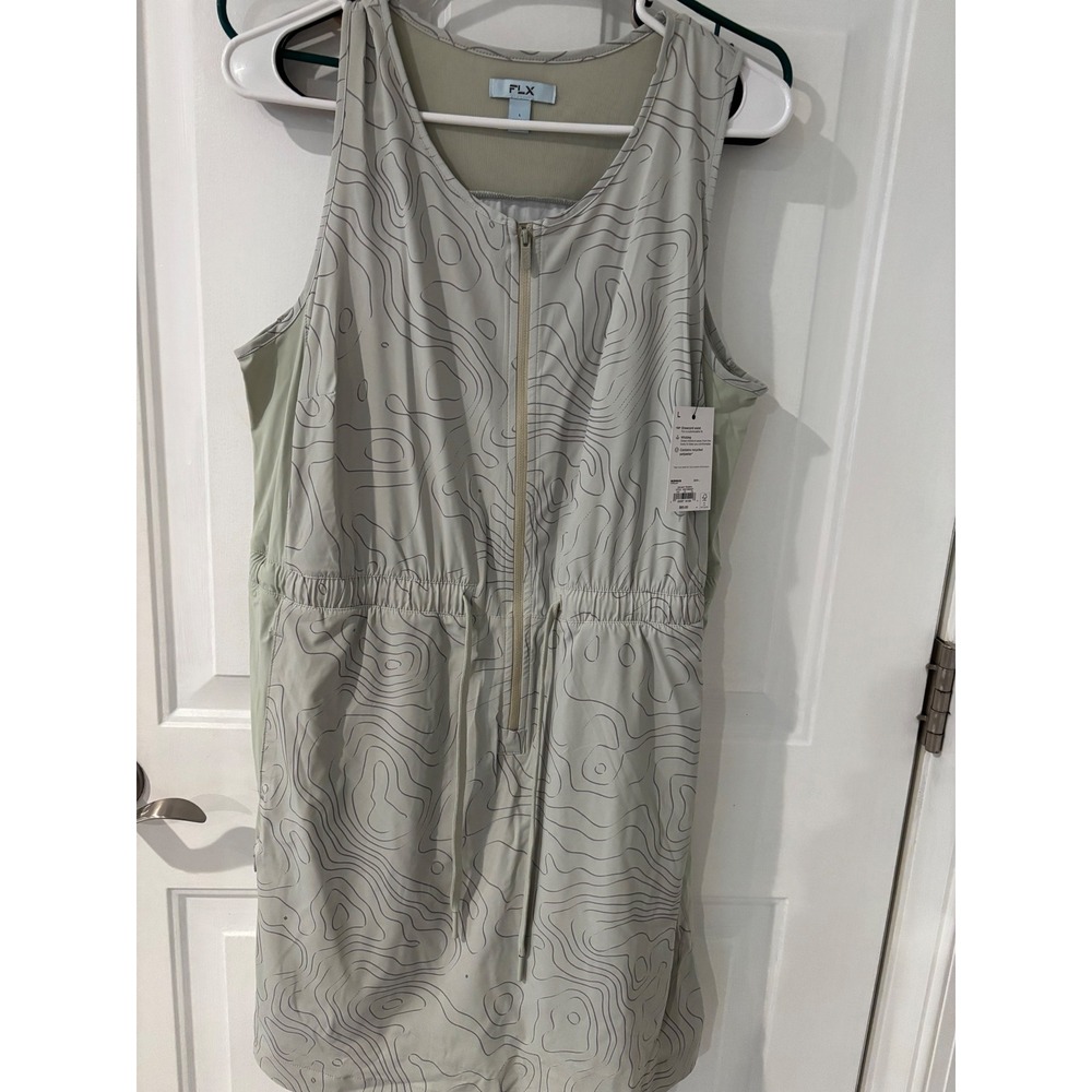 FLX Athleisure Skort Dress Topographic Print Zip Front‎ Sleeveless Sage Green L